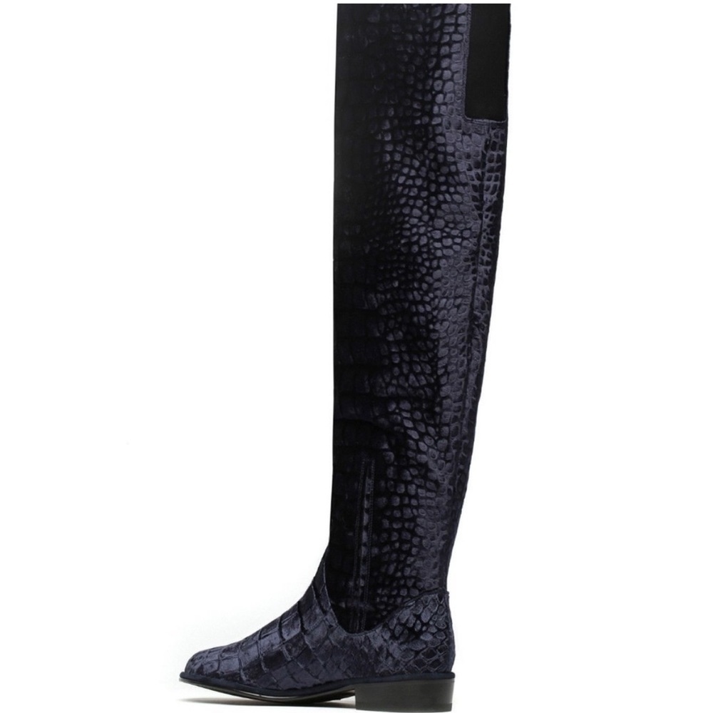 Stuart Weitzman Velvet Croco Nero Black Knee High Riding Boot Sz 35